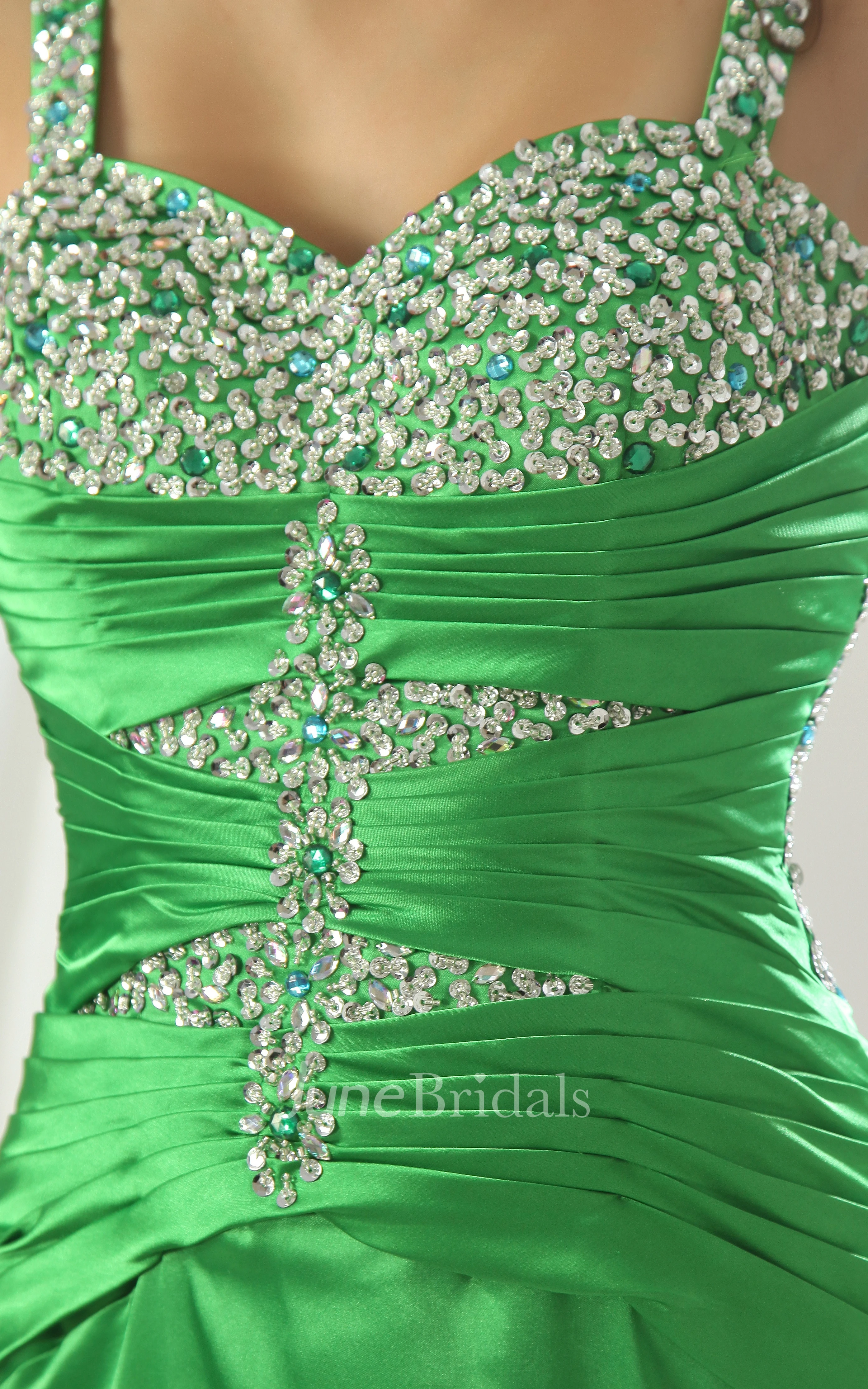 Sleeveless Satin Front-Split Dress With Beaded and Ruched Bodice