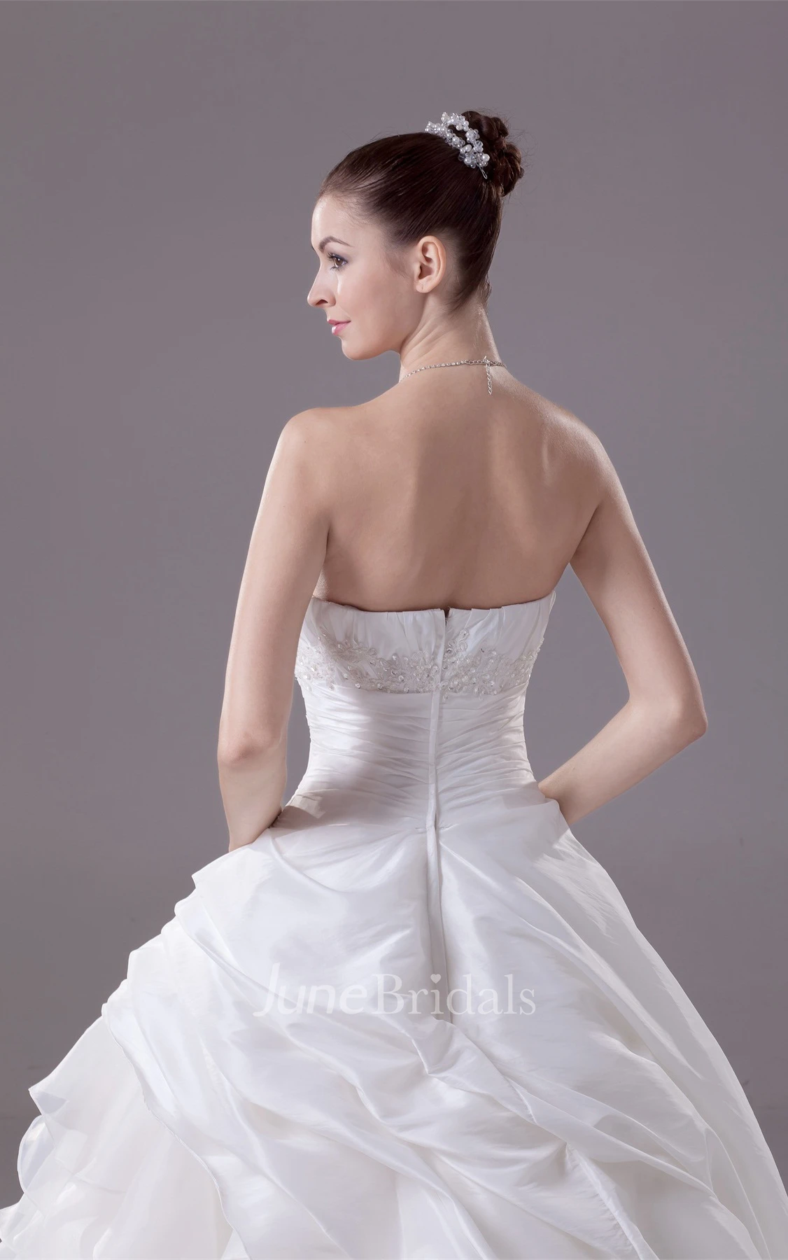 Strapless A-Line Ruched Gown with Cascading Ruffles and Cinched Waistband