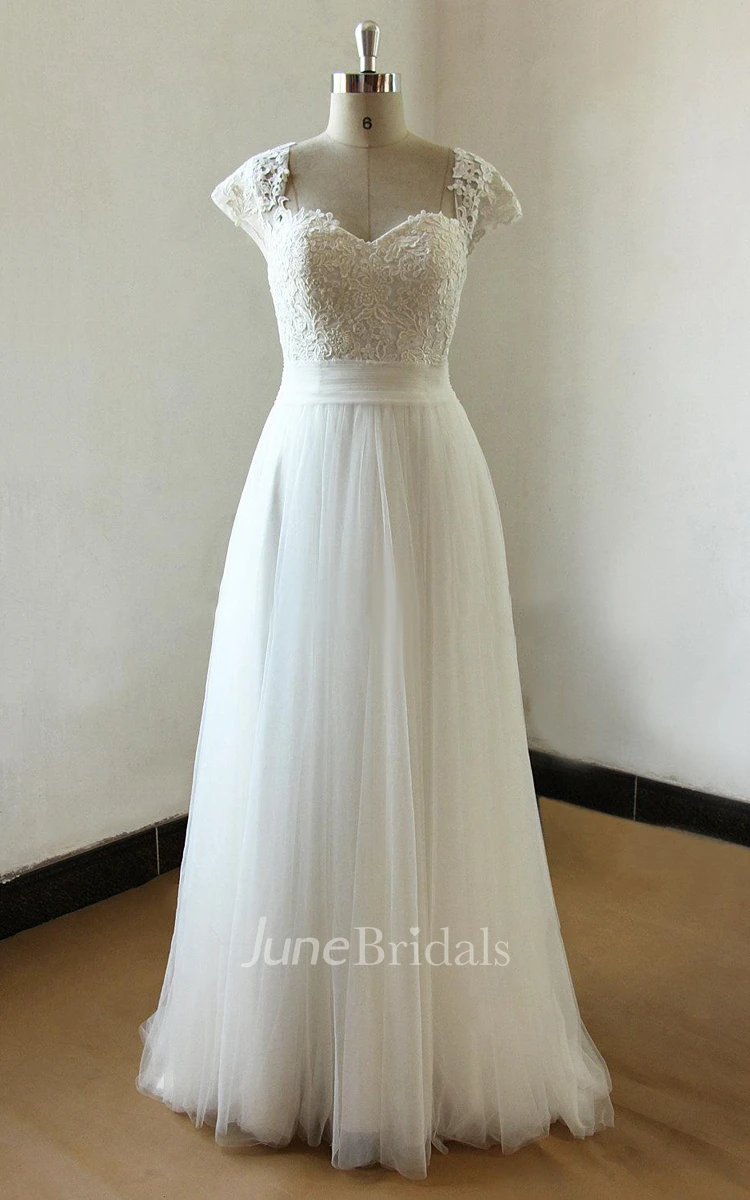 A-Line Cap Sleeve Tulle Lace Satin Weddig Dress