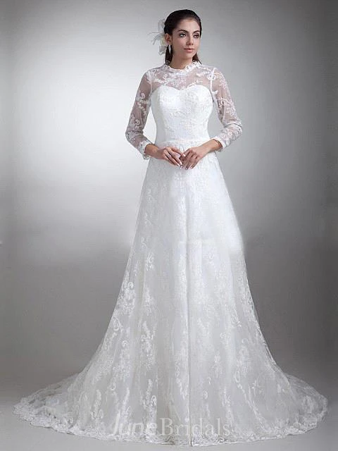 Elegant Tulle Lace Illusion Wedding Dress Sweep Train