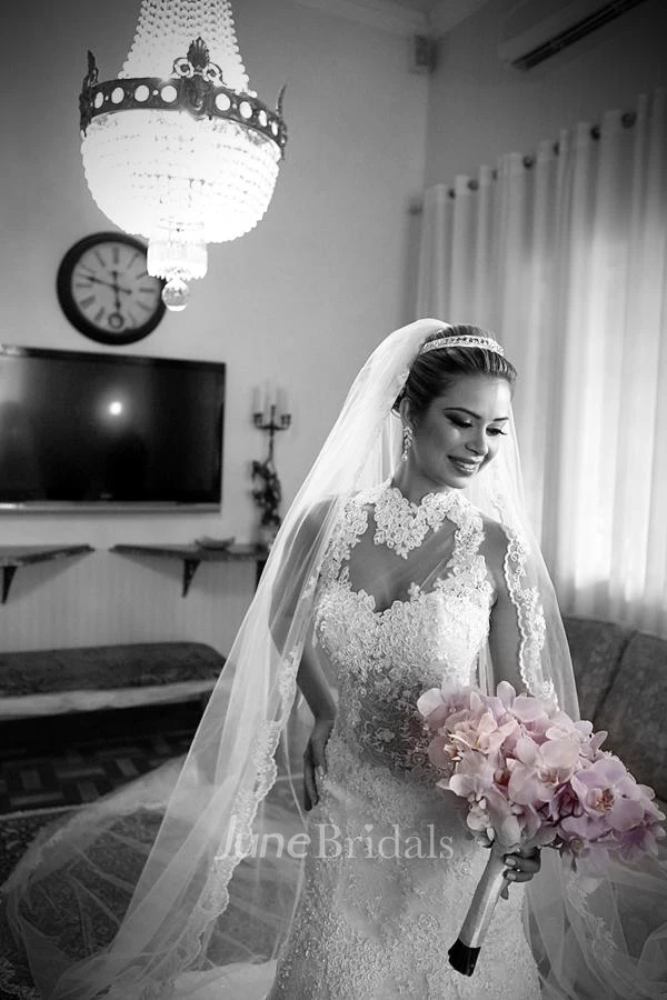 Newest High Neck Mermaid Wedding Dress Lace Appliques Court Train