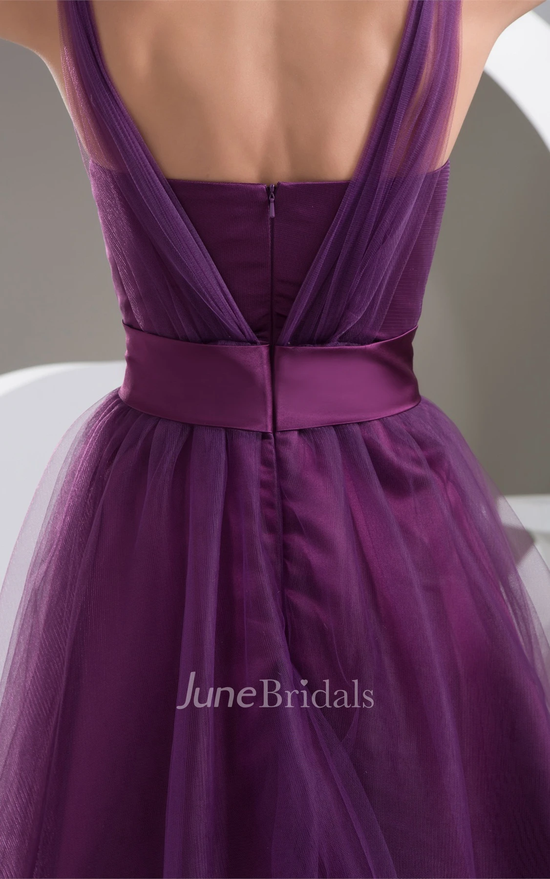Strapped Tulle Knee-Length Dress with Floral Waist