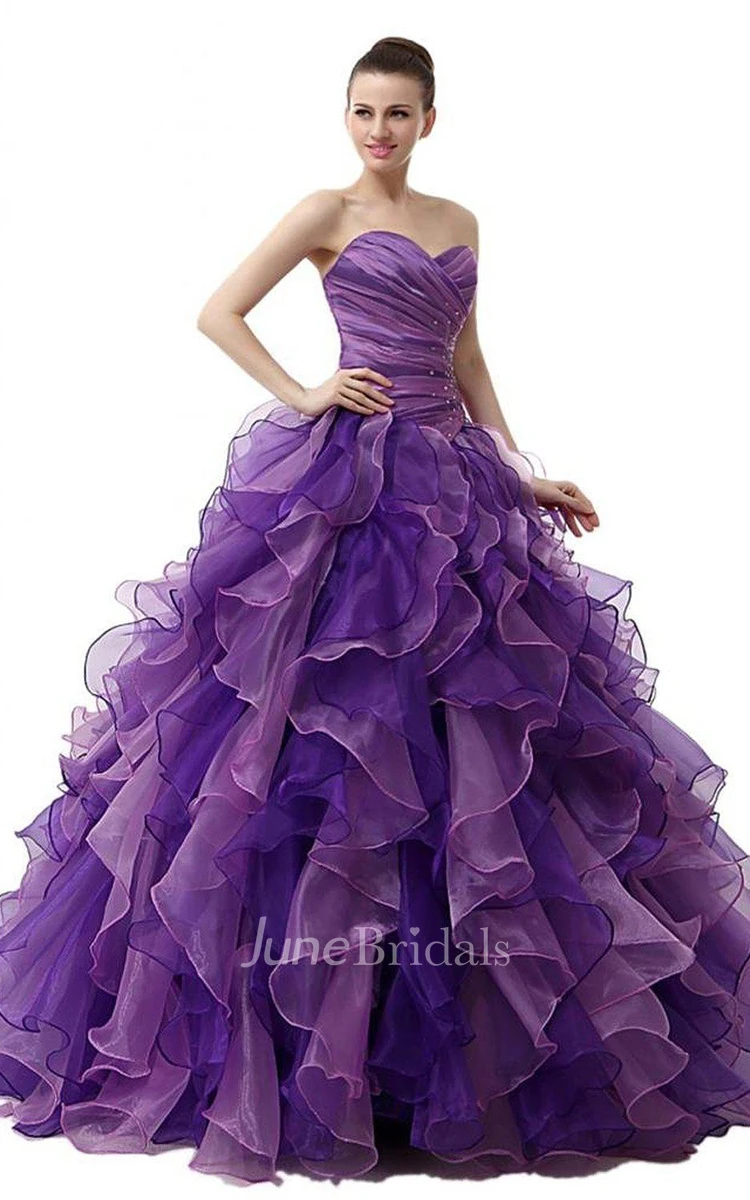 Dreaming Sweetheart Ruched Ball Gown With Cascading Ruffles and Rhinestones
