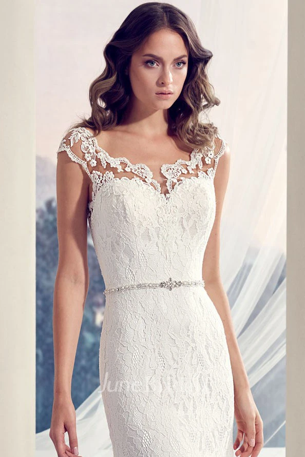 Floor-Length Square Split-Front Jeweled Lace Wedding Dress
