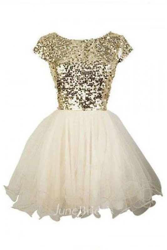 A-line Ball Gown Bateau Short Sleeve Ruffles Sequins Short Mini Tulle Sequins Homecoming Dress