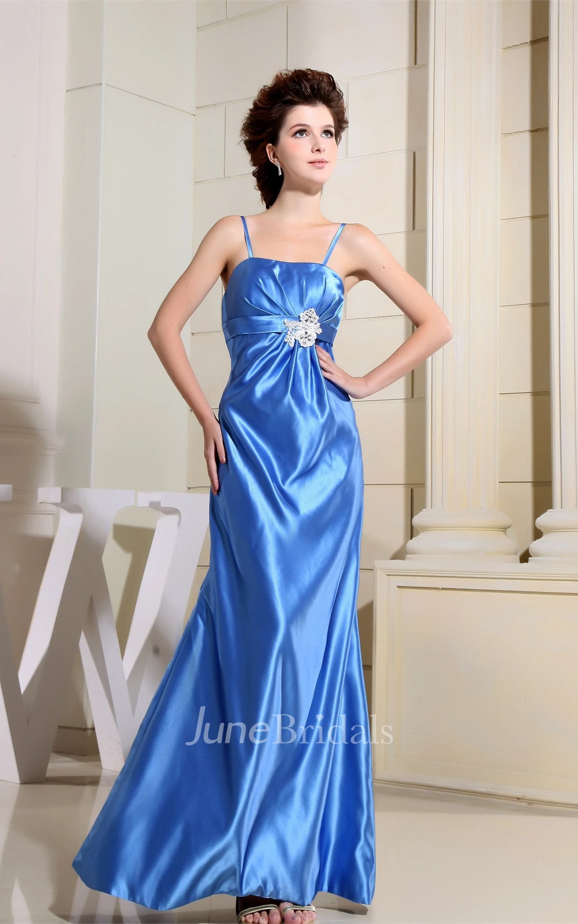 Sleeveless Spaghetti-Straps Satin Sheath Gown with Beaded Sash and Zipper Back