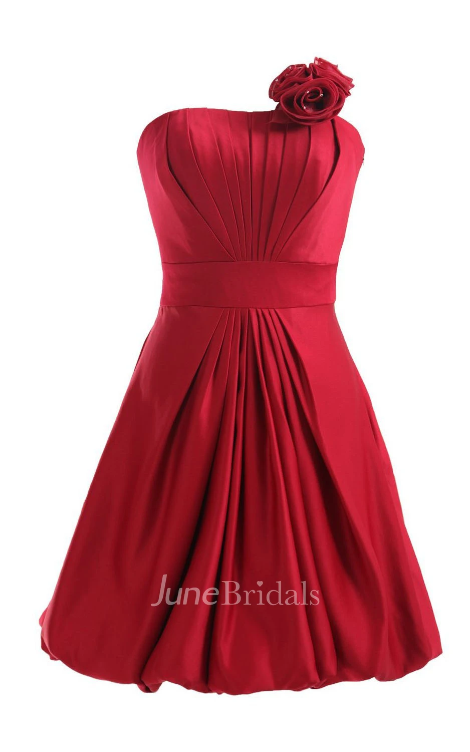 Strapless Appliqued Ruched Bodice Short Pleated Satin Dress