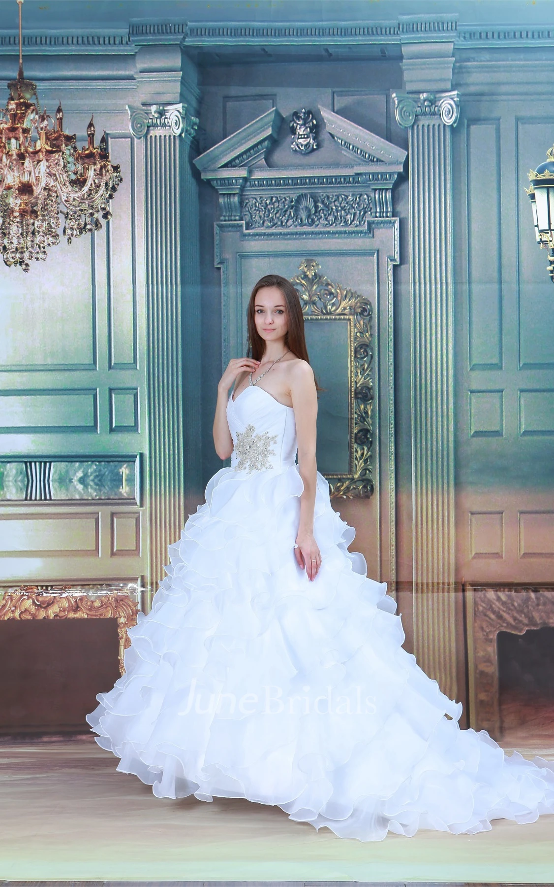 sweetheart ruffled criss-cross gown with tiers and appliques