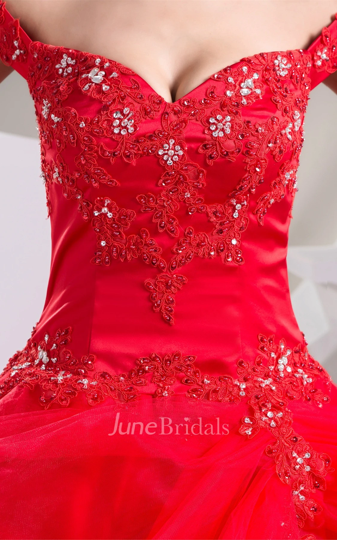 Off-The-Shoulder Ruffled Ball Gown with Appliques and Corset Back