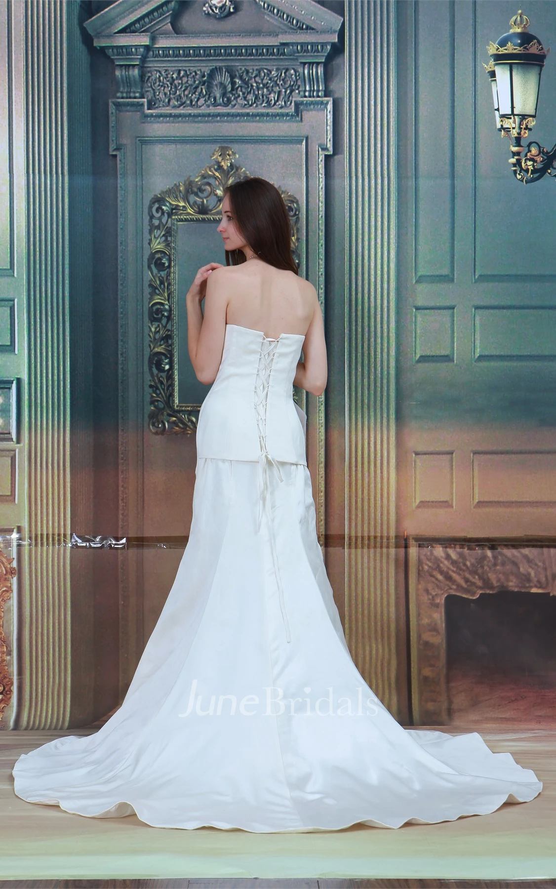 strapless trumpet satin gown with corset back and jeweled top