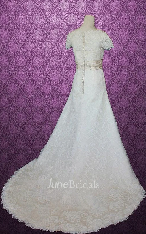 Scalloped Illusion Sleeve Long Lace Wedding Dress With Sash And Button Back