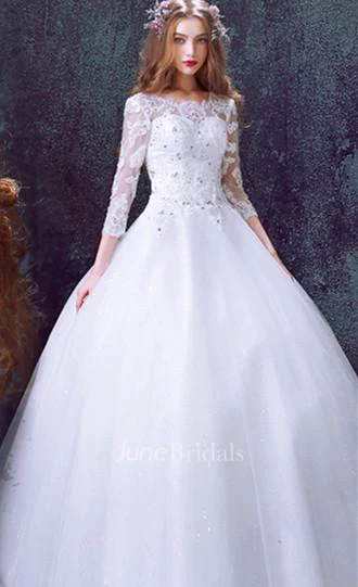 Romantic Tulle Lace Beadings Wedding Dress 3 4-Long Sleeve Princess