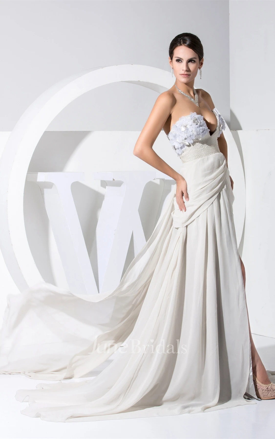 Sexy Plunged Front-Split Dress with Flower and Beaded Waist