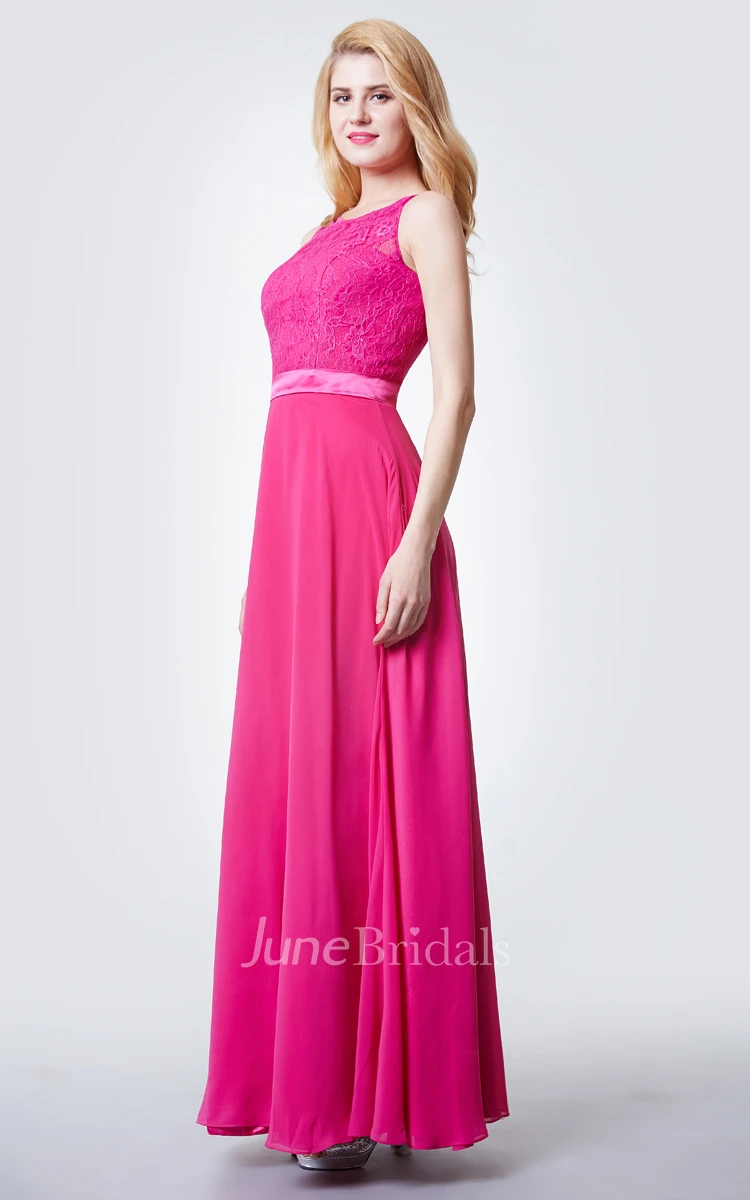 Chic Jewel Neck Long Chiffon Dress With Lace Bodice
