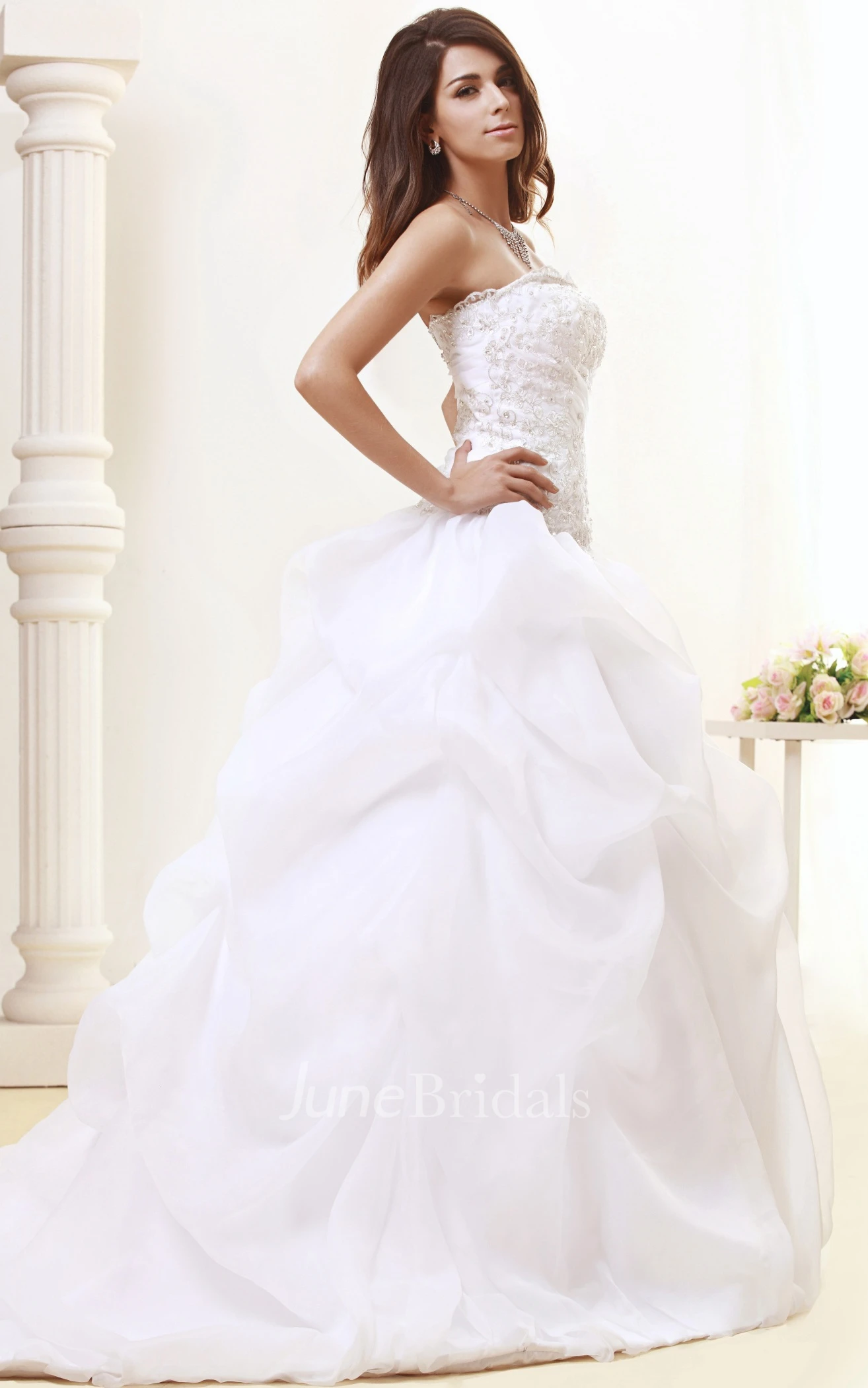 Strapless Pick-Up A-Line Gown With Ruching and Beading