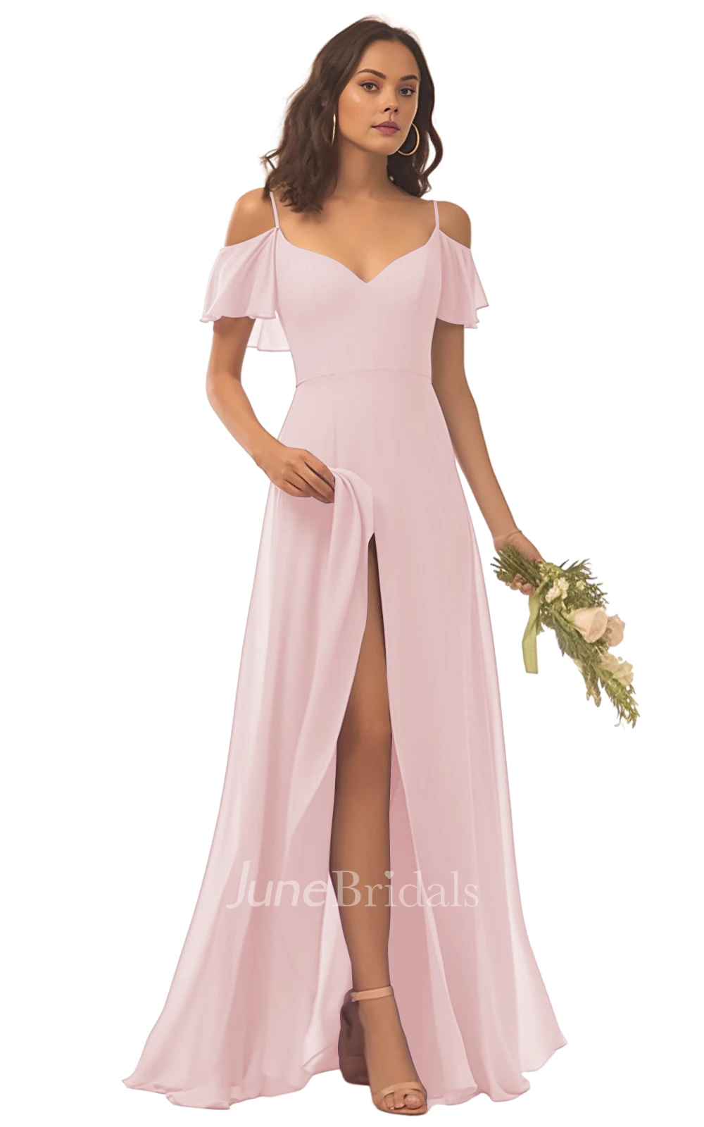 Beautiful A-Line Spaghetti Chiffon Bridesmaid Dress with Split Front