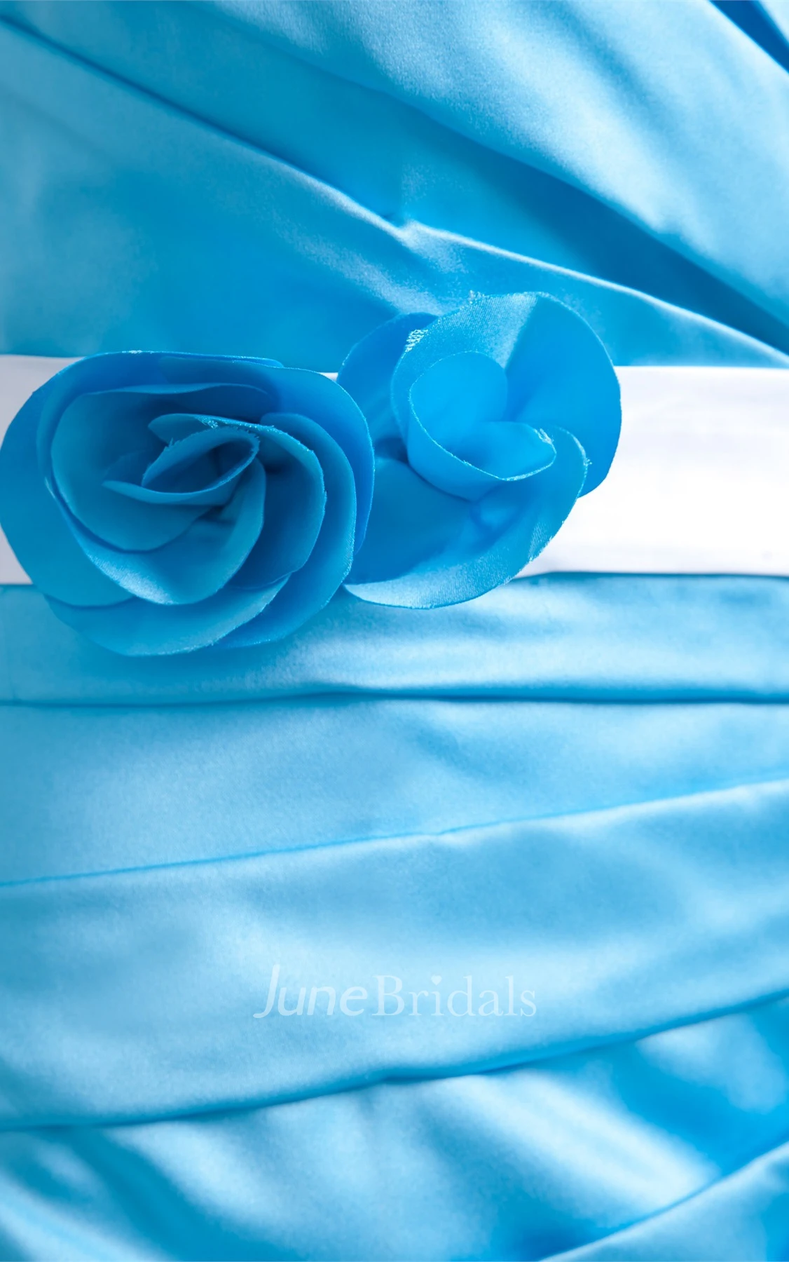 strapless a-line satin dress with flower and criss-cross ruching