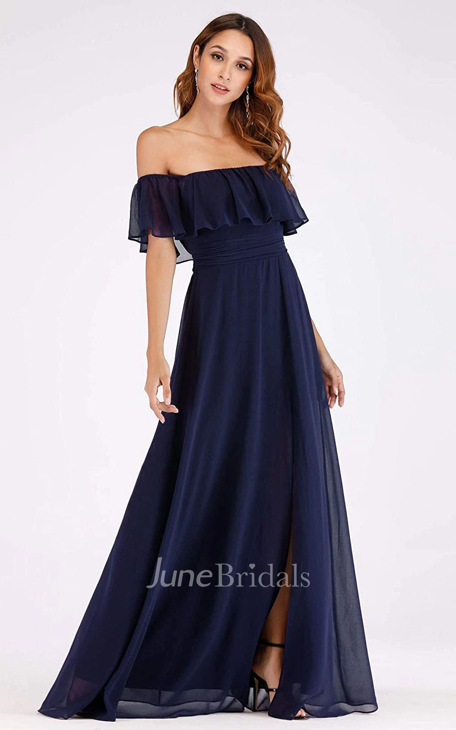 A Line Off-the-shoulder Chiffon Prom Dress With Ruffles and Split Front