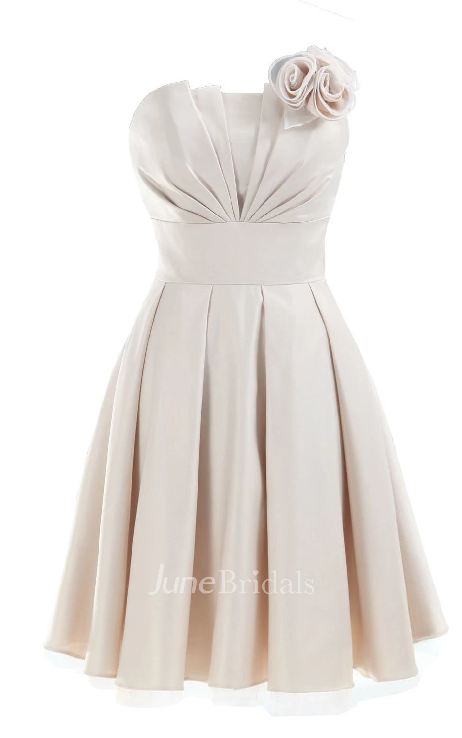 Strapless Appliqued Ruched Bodice Short Pleated Satin Dress