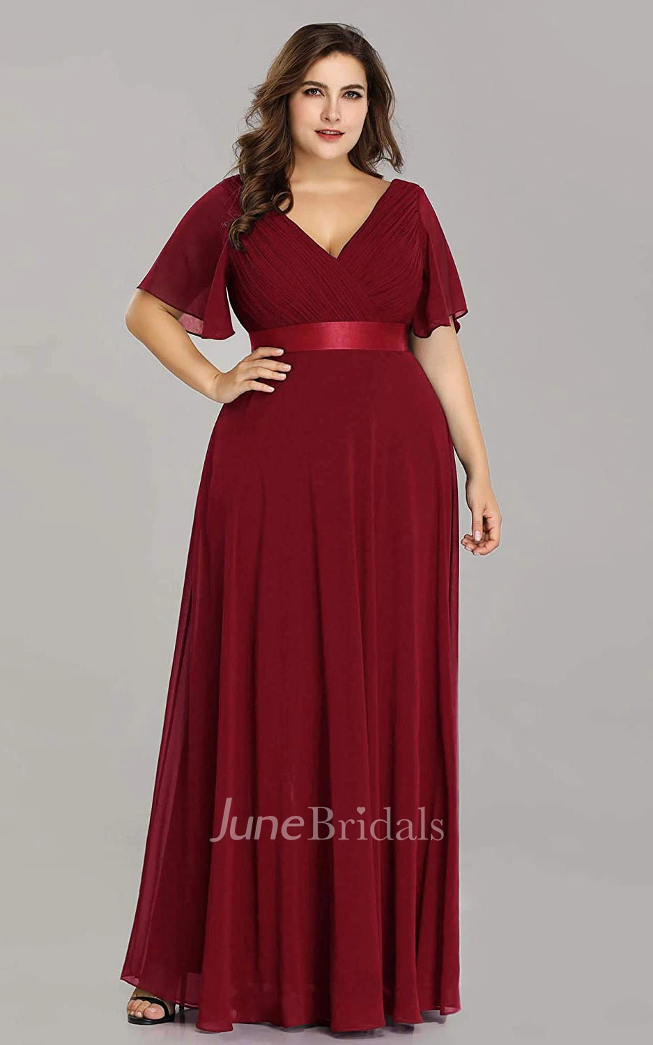 A Line V-neck Chiffon Half Sleeve Prom Dress With Criss Cross and Ruching