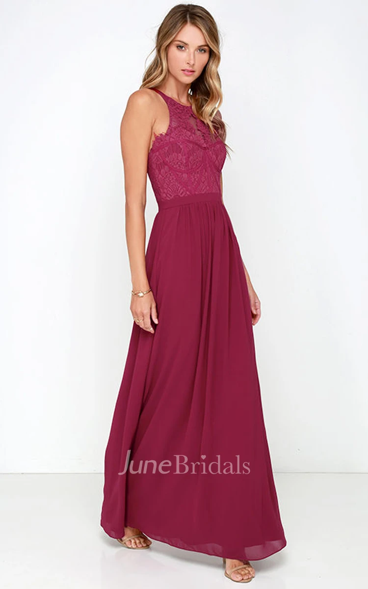 Sleeveless Chiffon Long Noble Dress With Lace Bodice