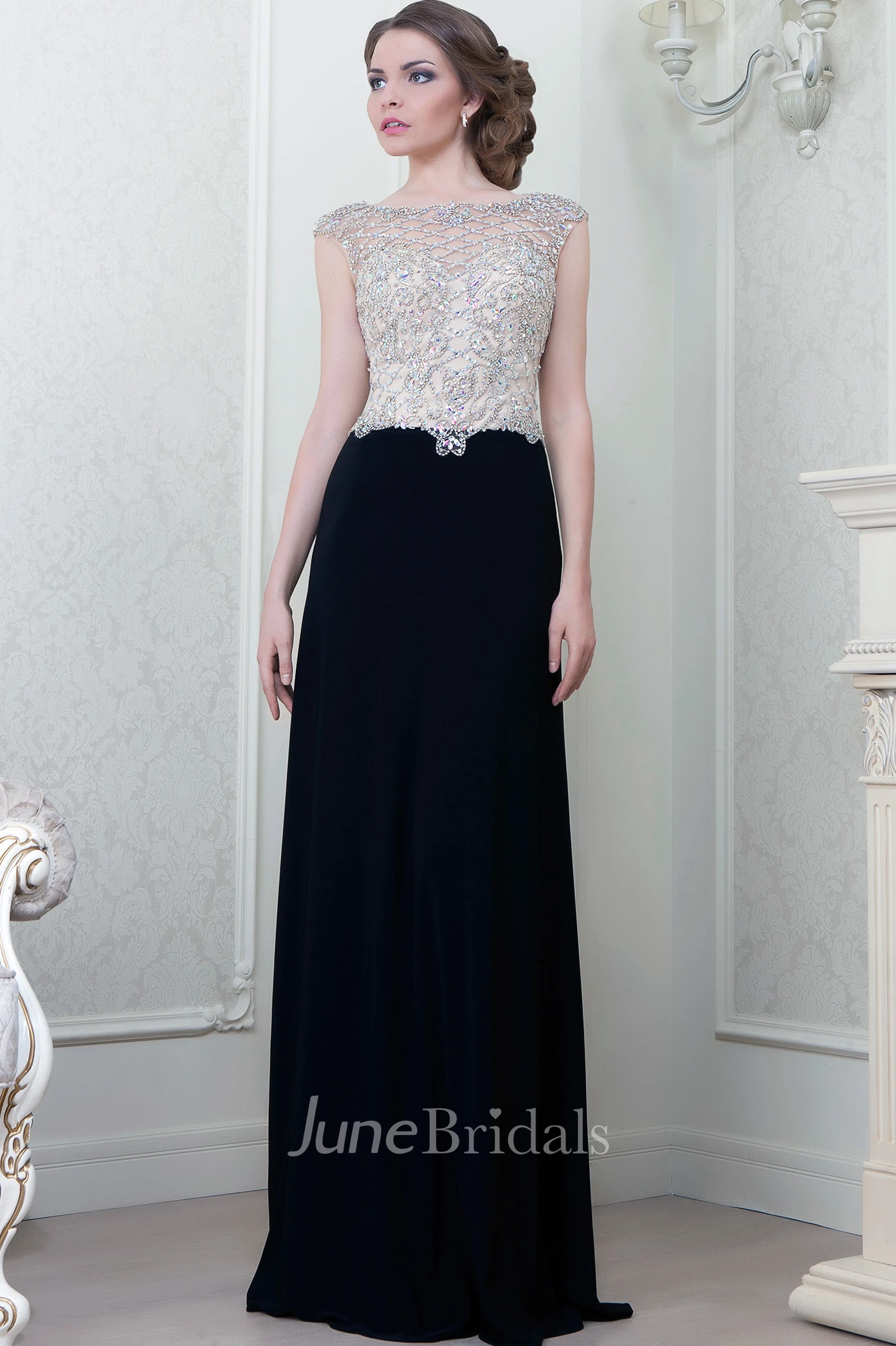 A-Line Beaded Cap-Sleeve Bateau-Neck Floor-Length Jersey Evening Dress
