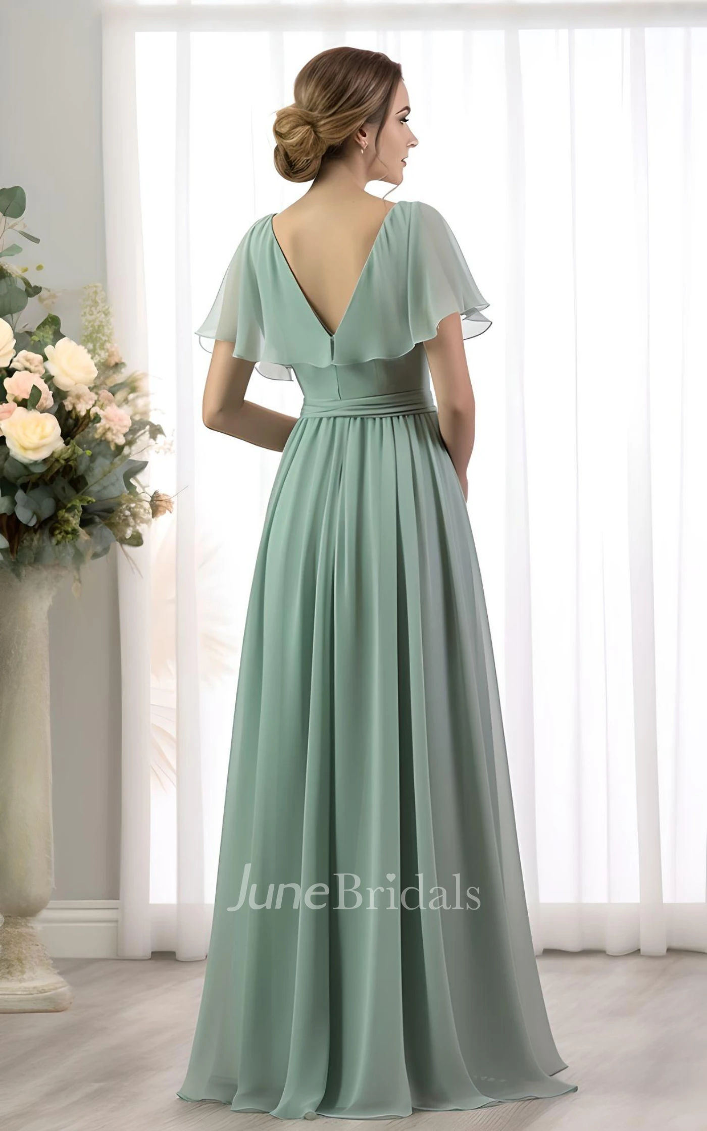 Sleeveless V Back Ruched Green Chiffon Tank Short Bridesmaid Dress