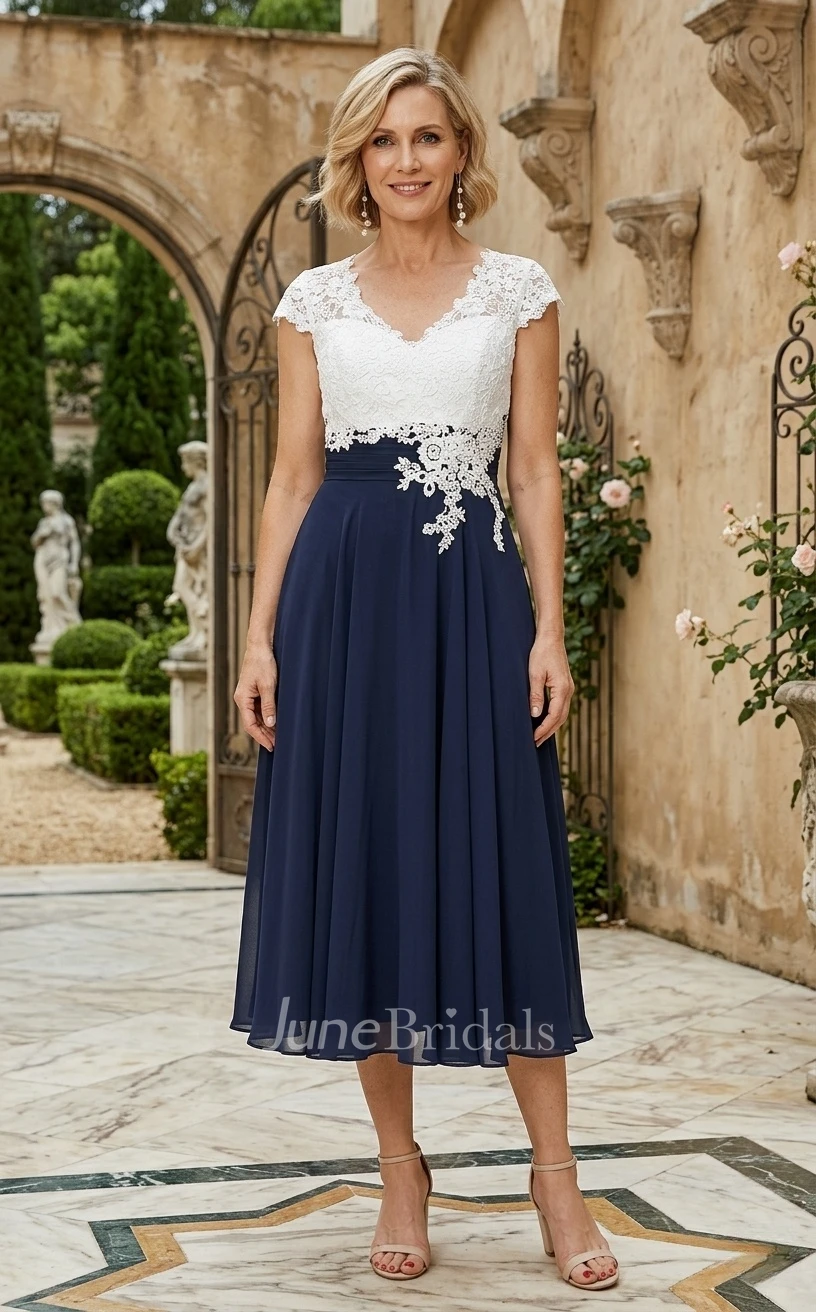 A-Line V-neck Lace Appliques Chiffon Petite Tea-length Sexy Elegant Short Cap Sleeve Mother of the Bride Guest Dress