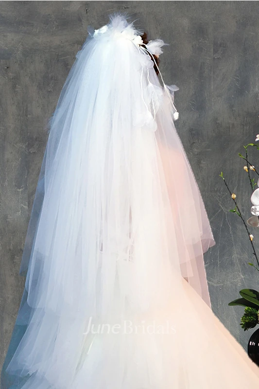 Latest Korean Handmade Tulle Wedding Veil with Draping Lines and Flowers