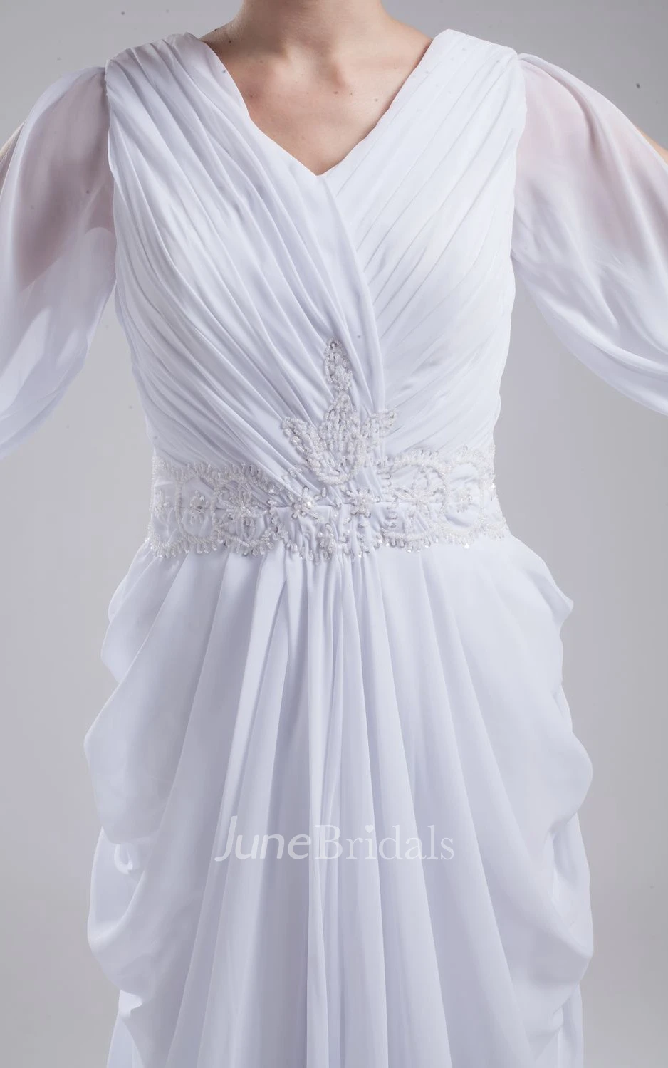 Fairy Chiffon Long-Sleeve Dress With Ruching and Beaded Waist