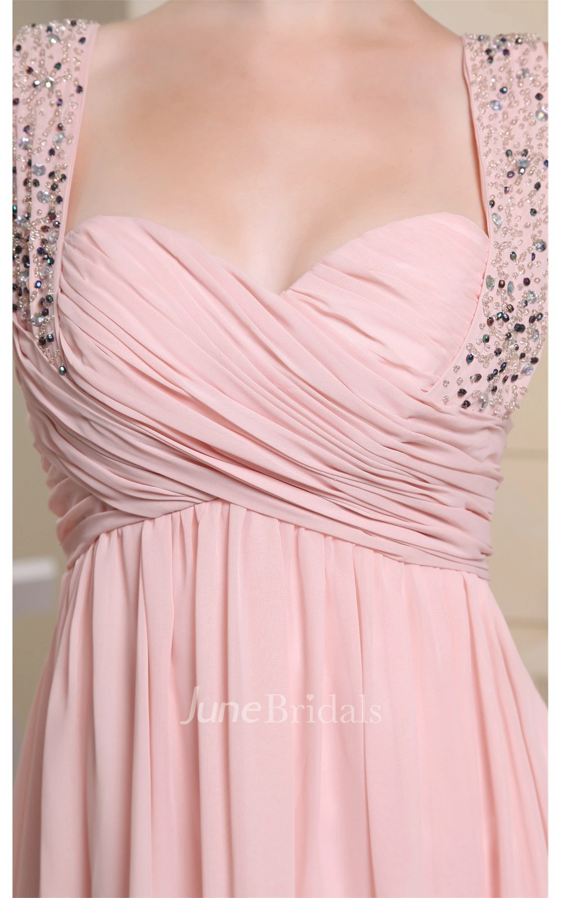 Strapped Chiffon Empire Dress with Pleats and Crystal Detailing