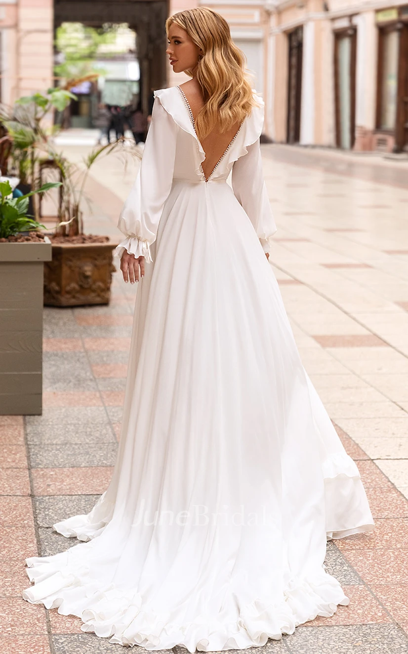Vintage A Line V-neck Chiffon Court Train Wedding Dress with Ruching
