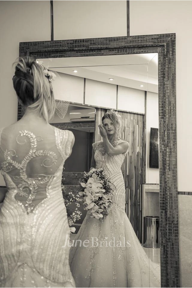 Newest Sequins Mermaid Tulle Wedding Dress Cap Sleeve Court Train