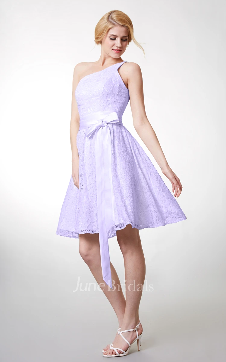 Beautiful Knee Length Lace Dress One Shoulder Neckline and Fitted Cut Flattering