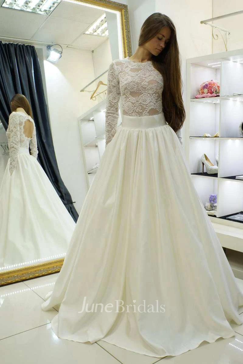 Bateau Lace Appliques A-Line Satin Wedding Dress With Keyhole Back