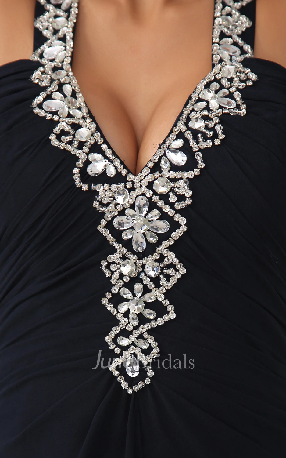 A-Line Halter Pleated Sparkling Gown With Back Crystal Strap