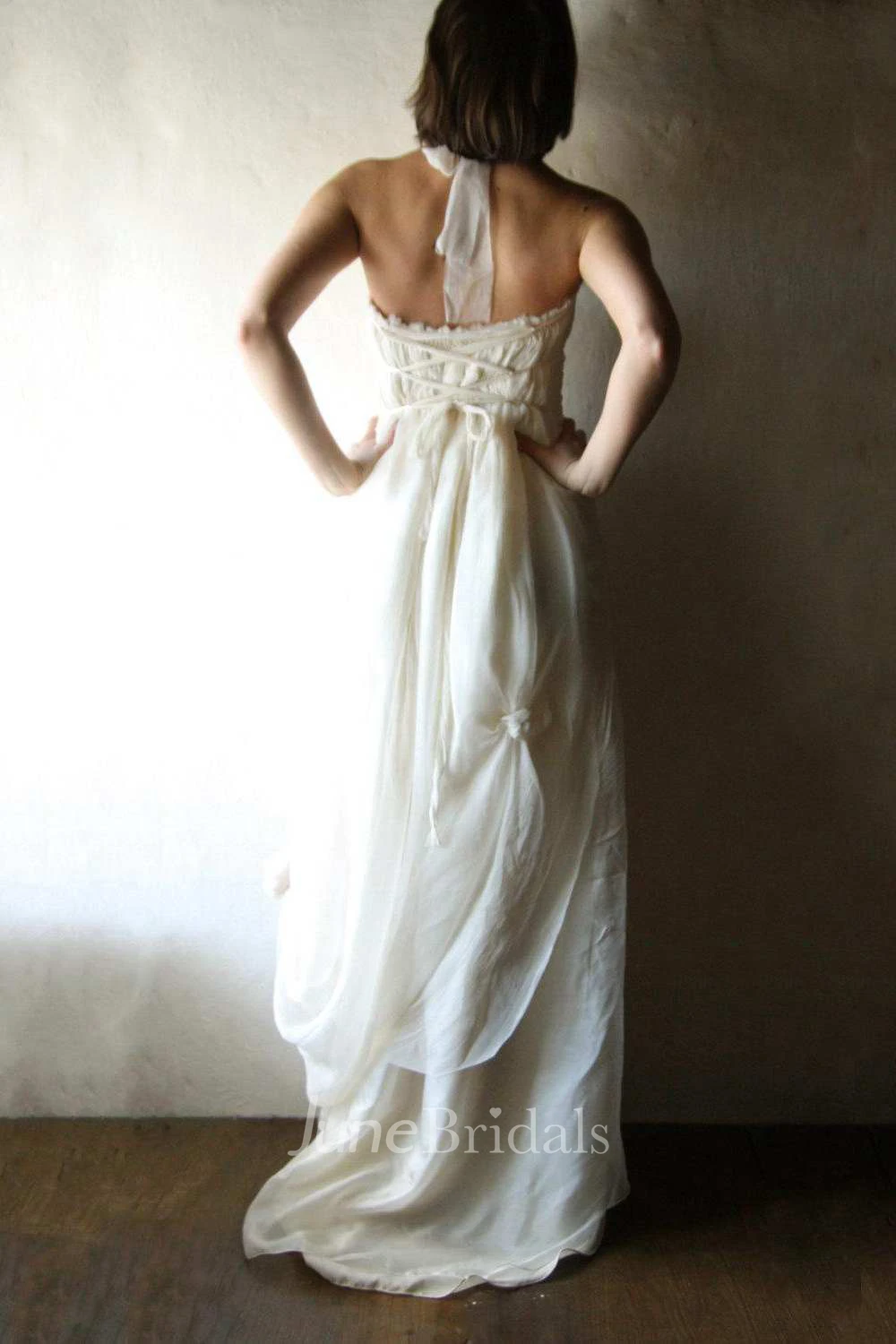 Haltered Pick Up Draped Floor-Length Dress With Lace