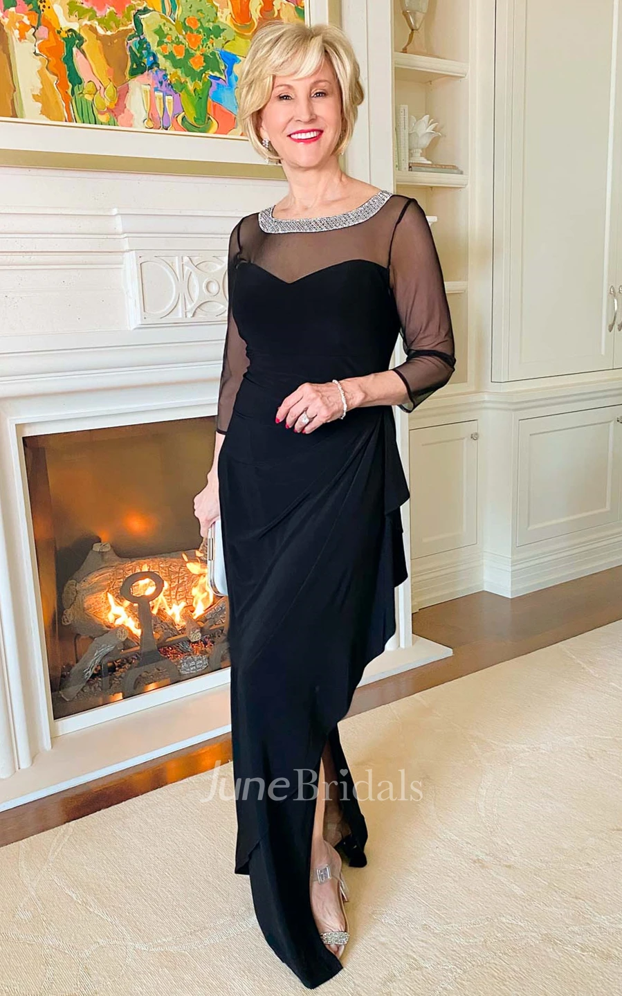 Sexy Sheath Bateau Neck Jersey Mother of the Bride Dress with Split Front