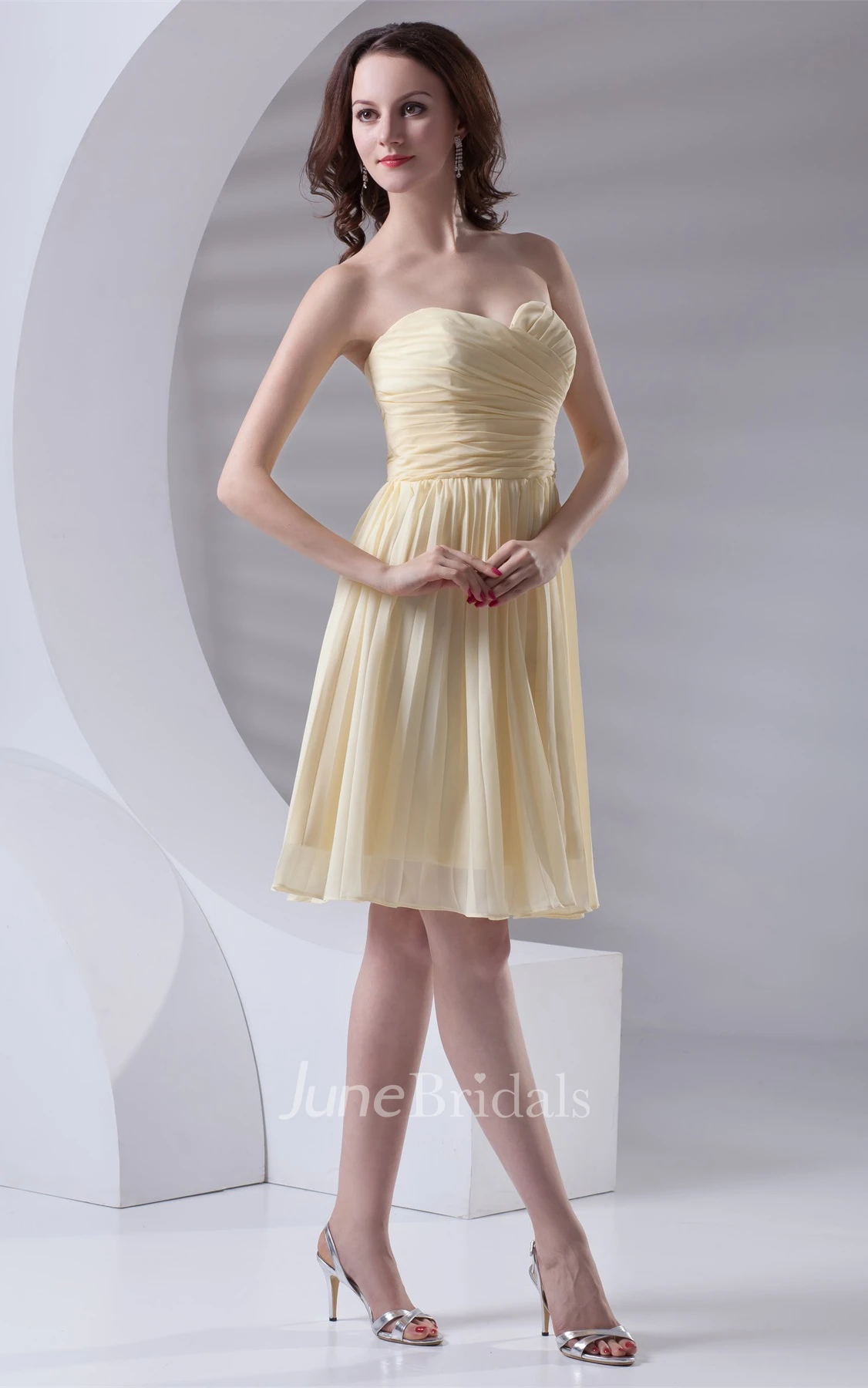 chiffon criss-cross knee-length sweetheart dress with pleats