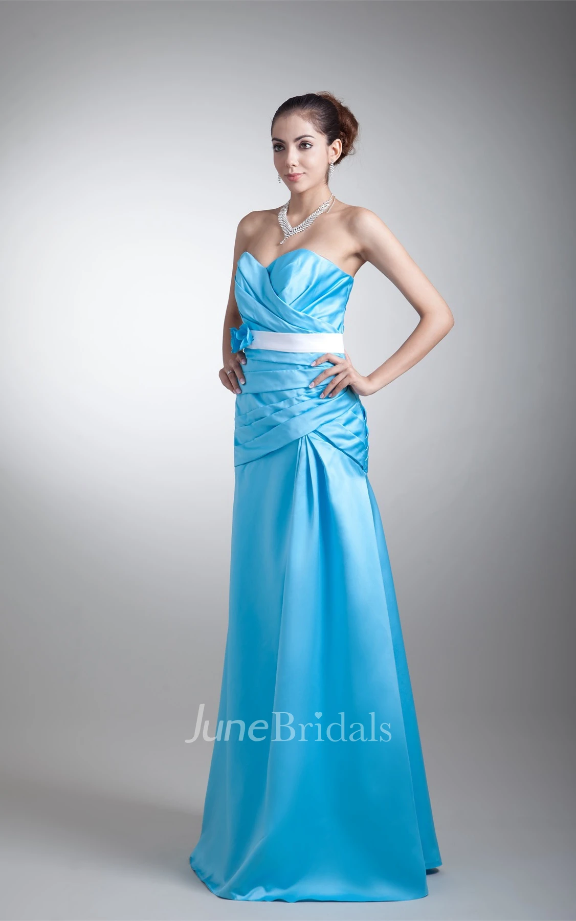 strapless a-line satin dress with flower and criss-cross ruching