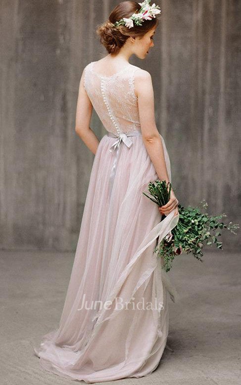 Illusion Back Tulle and Lace Dress With Ribbon - June Bridals