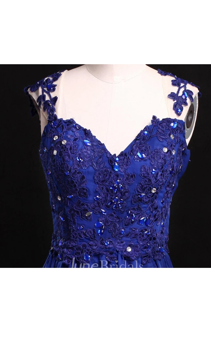 Royal Blue Cap Sleeved Chiffon Dress With Lace Appliques