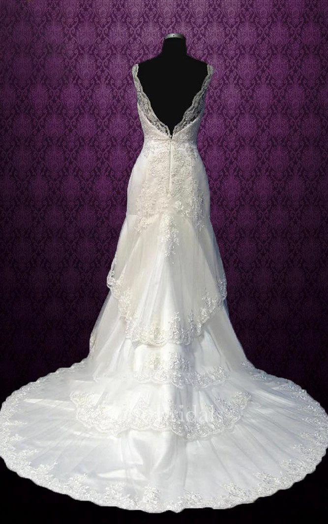 V-Neck Lace Satin Weddig Dress With Tiers