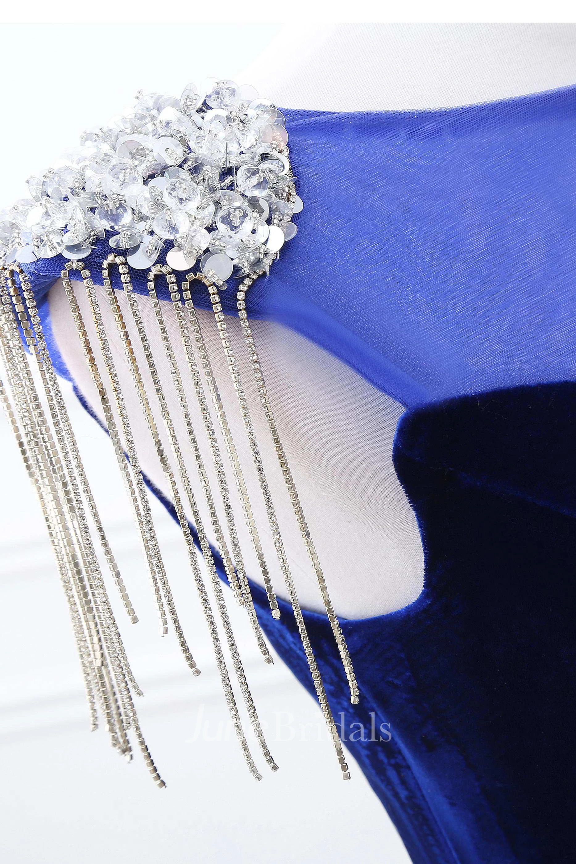 Tassel Cap Sleeve Bateau Neck Mermaid Velvet Gown