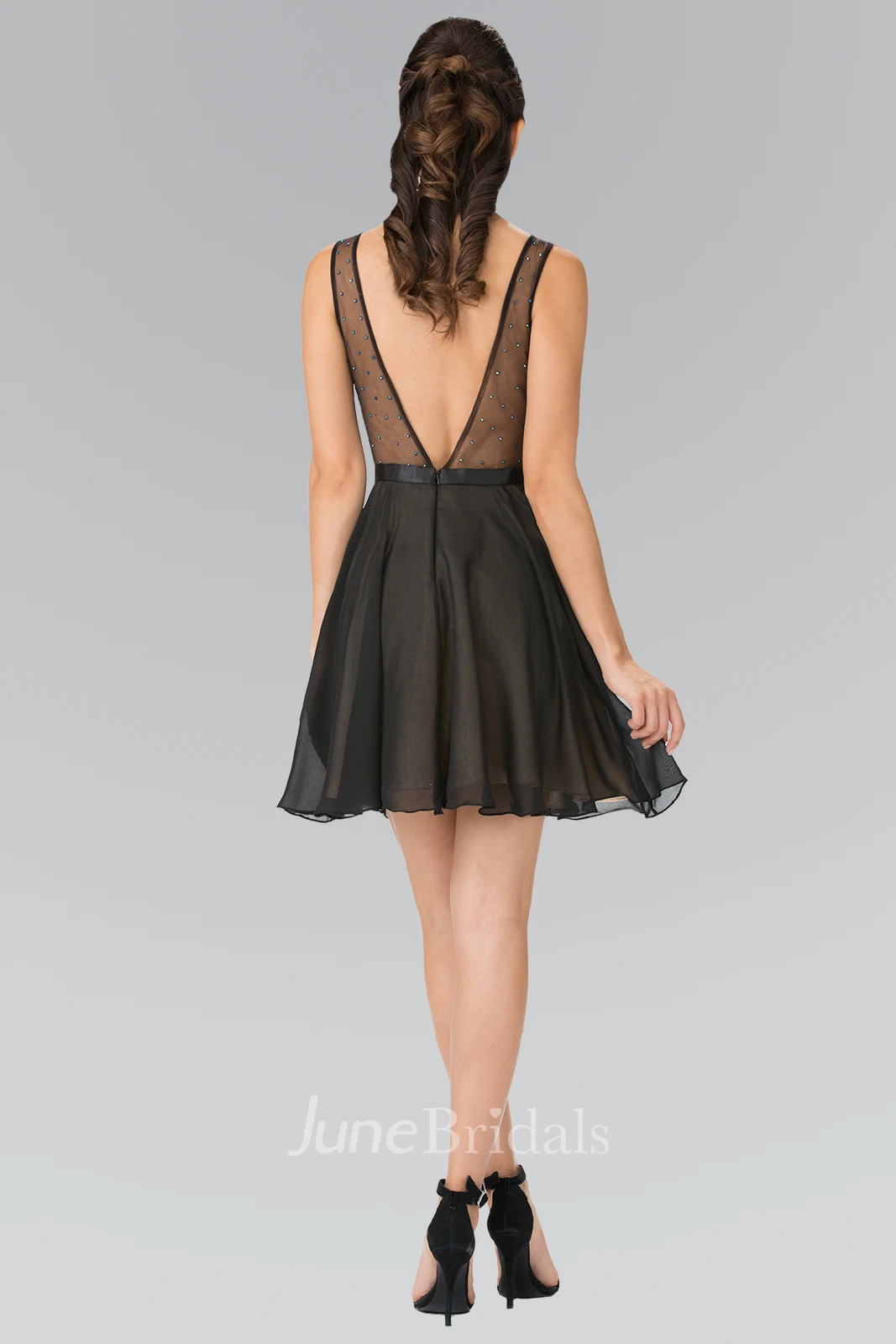 A-Line Short Bateau Sleeveless Deep-V Back Dress With Appliques And Beading