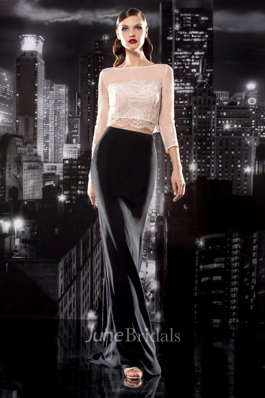 Pencil Bateau Long Sleeve Jersey Illusion Dress With Lace And Draping