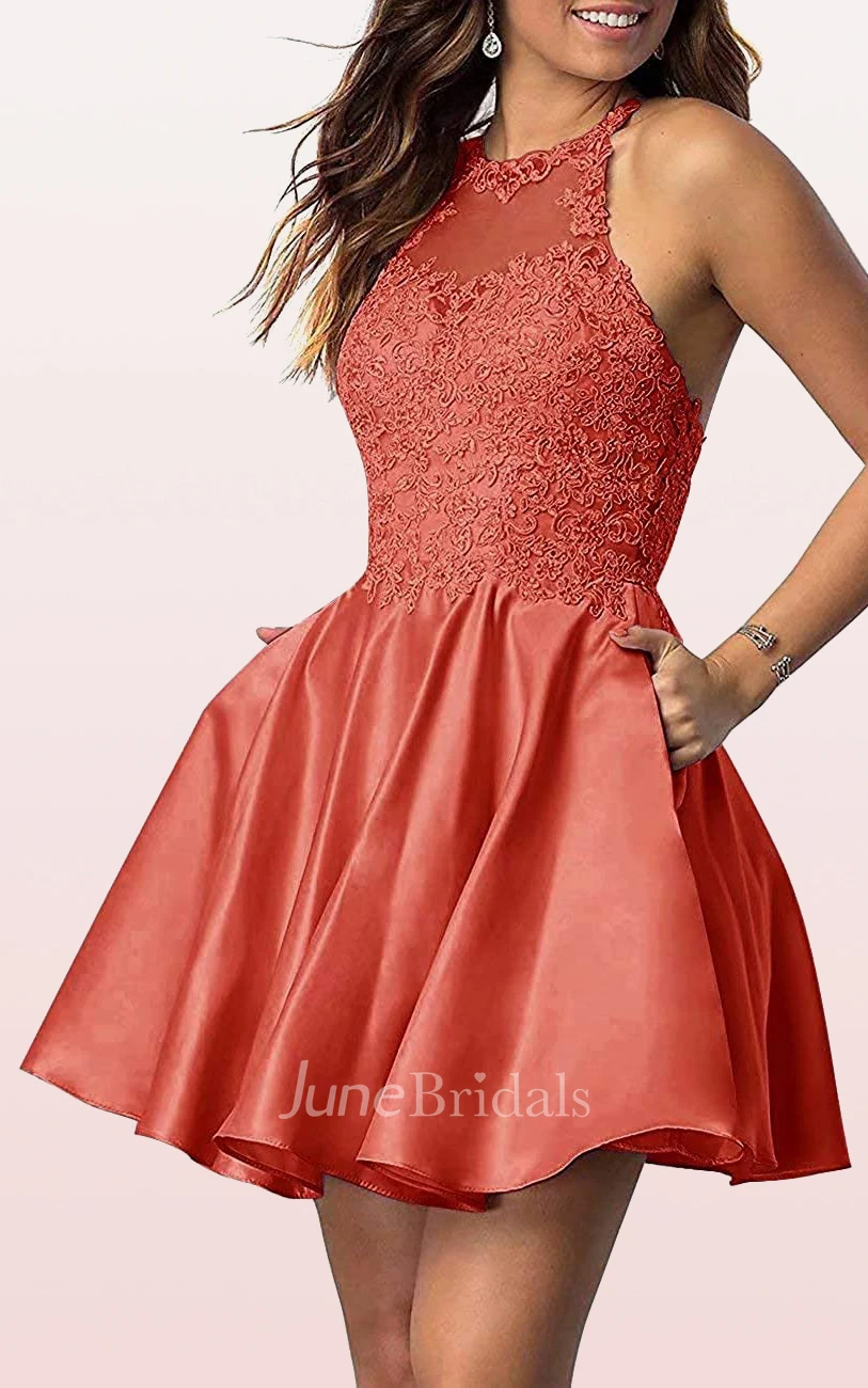 Adorable A Line Satin Lace Jewel Sleeveless Homecoming Dress with Pleats