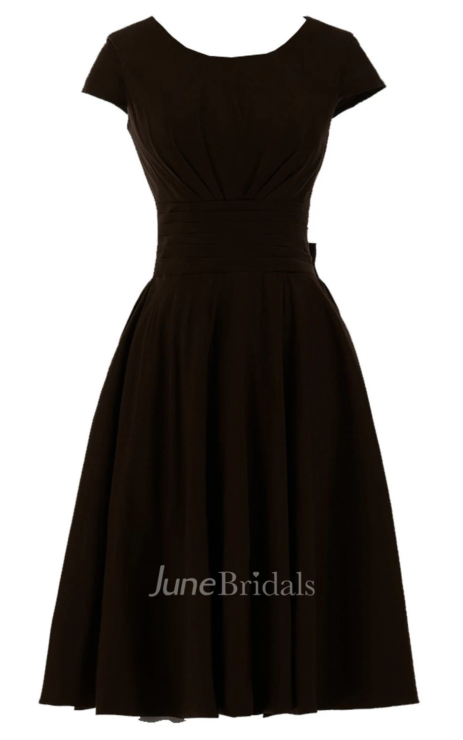 Short Sleeve Knee-length Pleated Chiffon Dress With Bowknot