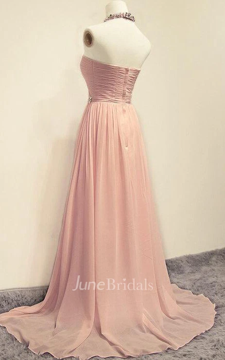 Pink Halter Evening Prom Bridesmaid Long Bridesmaid Chiffon Dress