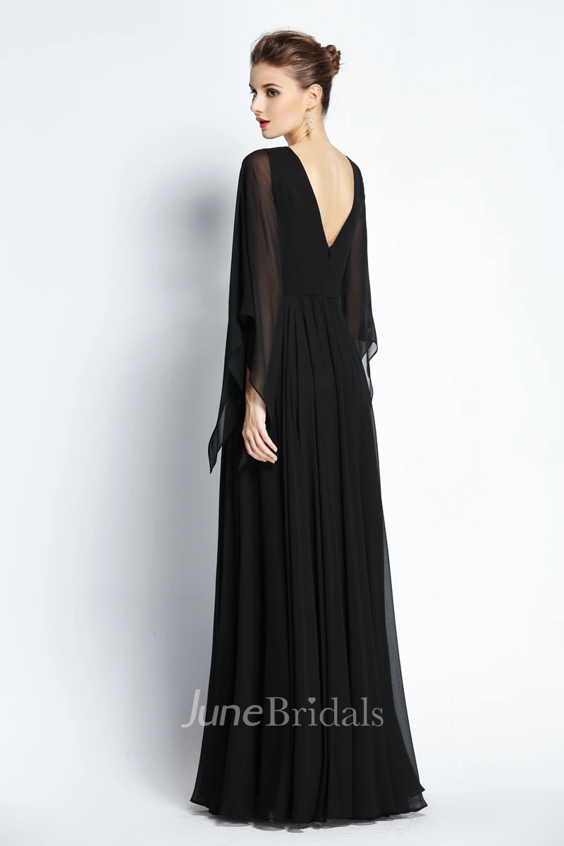 A-Line Jewel Bat Long Sleeve Floor-length Chiffon Prom Dress with Beading and Low-V Back
